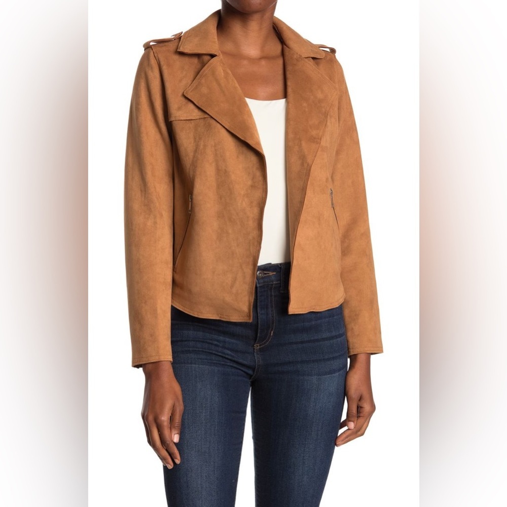 T TAHARI Women’s Camel Faux Suede Moto Style Blazer with Pockets Size Medium